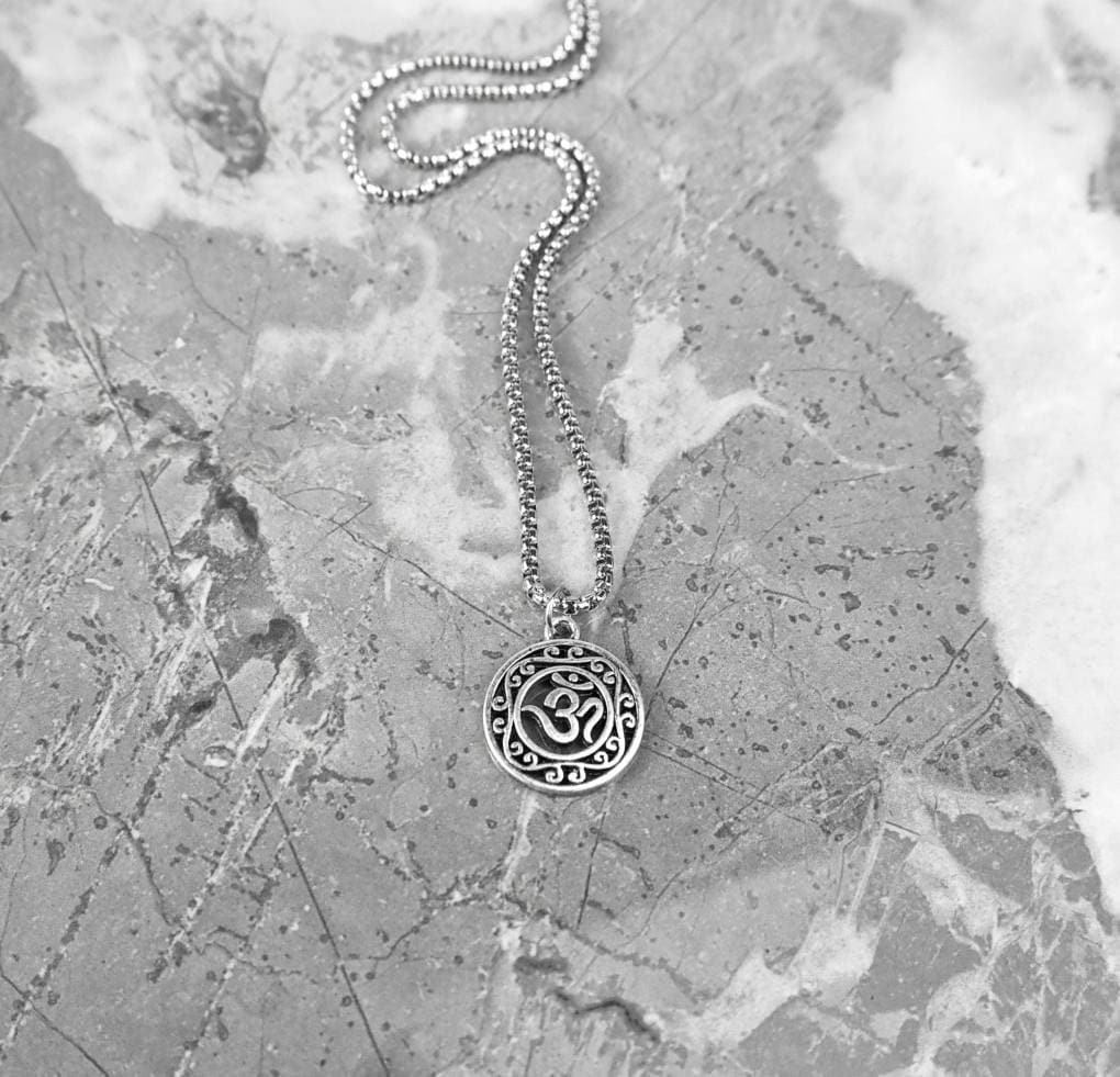 Men's "OM MEDALLION" Necklace| Men's Silver Stainless Steel Om Medallion Pendant Necklace| Men's Silver Stainless Steel Box Chain Necklace