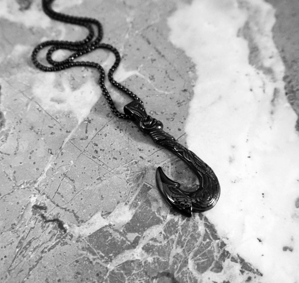 Men's "MAORI FISH HOOK" Necklace| Men's Black Stainless Steel Maori Fish Hook Pendant Necklace| Men's Black Box Chain Necklace