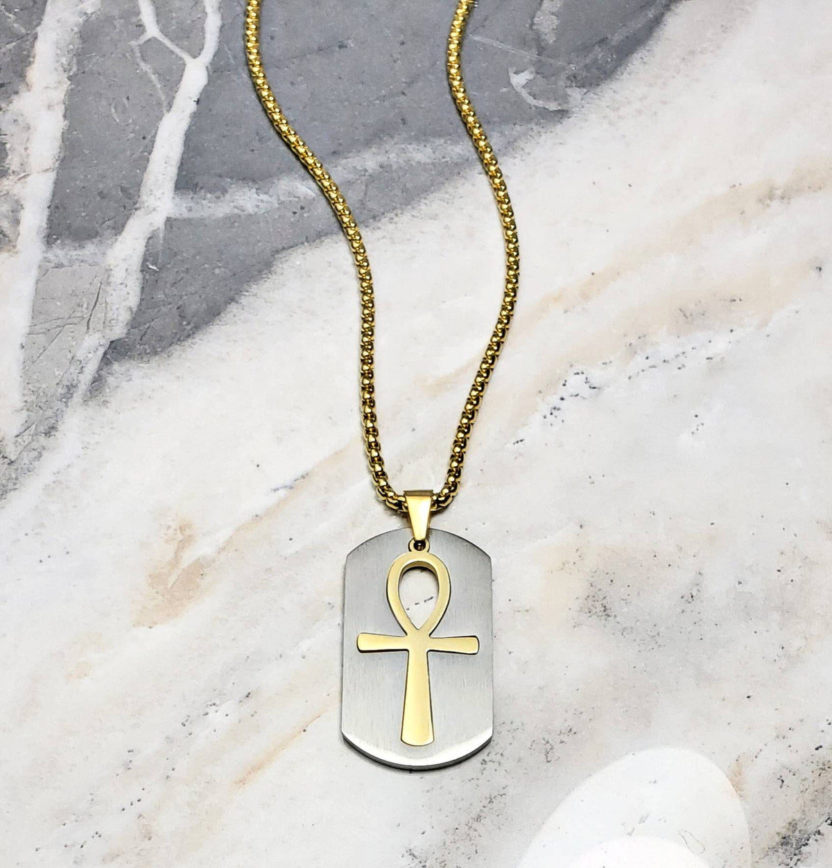Men's "ANKH DOG TAG" Necklace| Mens Gold Silver Stainless Steel Ankh Dog Tag Pendant Necklace| Mens Gold Stainless Steel Box Chain Necklace