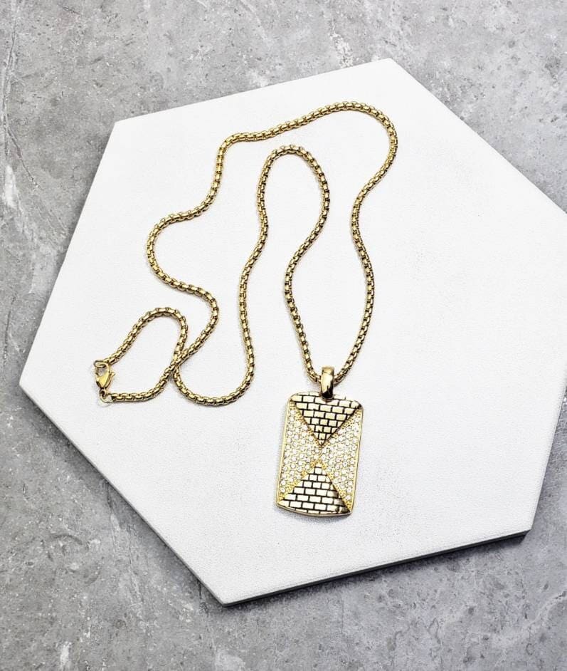 Men's "PAVÉ PYRAMIDS TAG" Necklace| Mens Gold Stainless Steel Pavé Cubic Zirconia Pyramids Dog Tag Pendant Necklace| Men Gold Chain Necklace