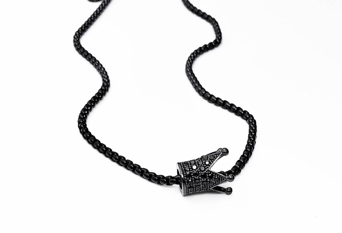 Men's "BLACK PAVÉ CROWN" Necklace| Men's Black Stainless Steel Pavé Cubic Zirconia Crown Pendant Necklace| Men's Black Box Chain Necklace