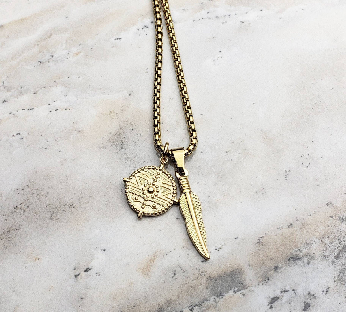 Men's "TRIBAL SHIELD & FEATHER" Necklace| Men's Gold Stainless Steel Tribal Shield Feather Pendant Necklace| Men's Gold Box Chain Necklace