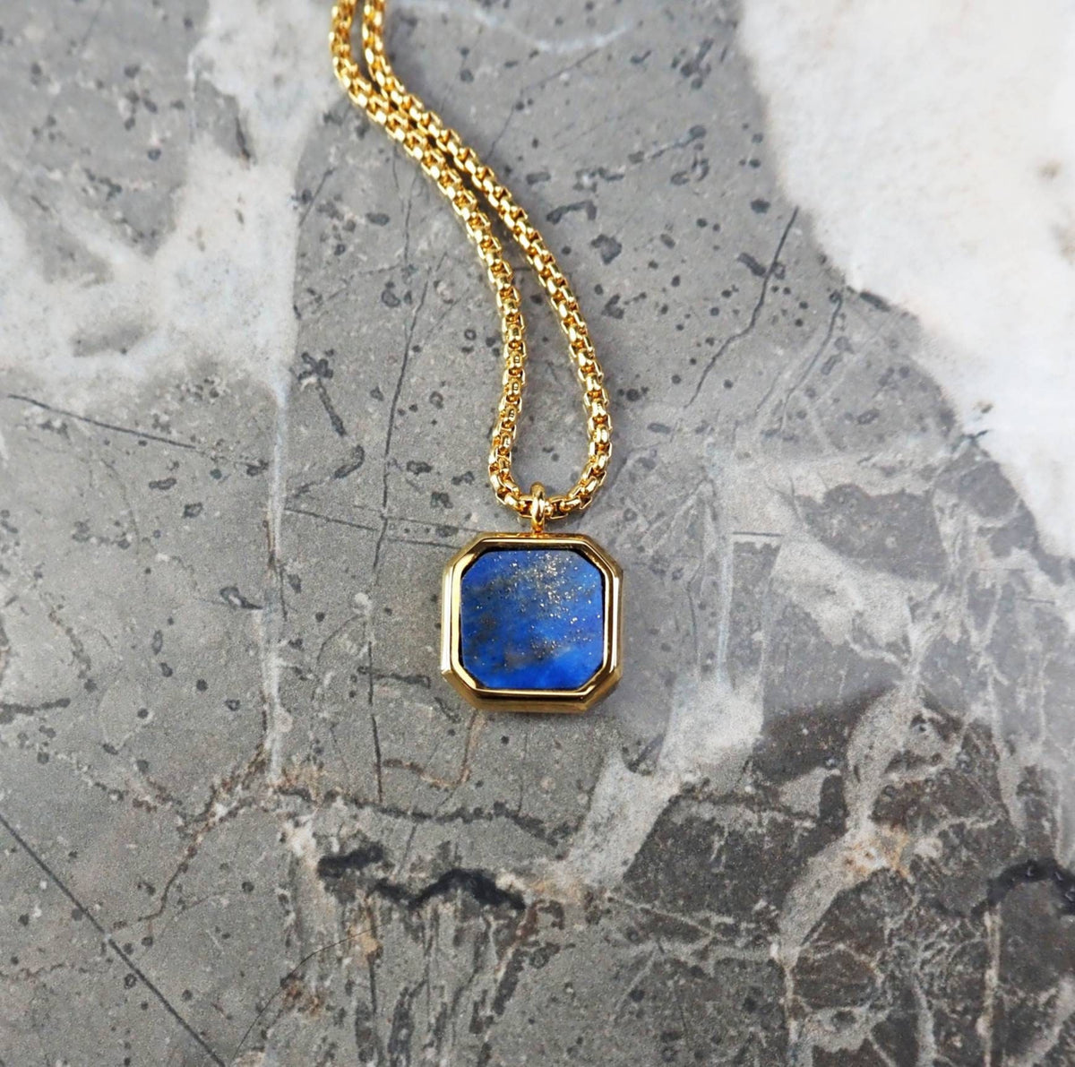Men's "GOLD LAPIS SQUARE" Necklace| Men's Gold Stainless Steel Lapis Lazuli Gemstone Octagon Inlay Square Pendant Necklace| Men's Gold Chain