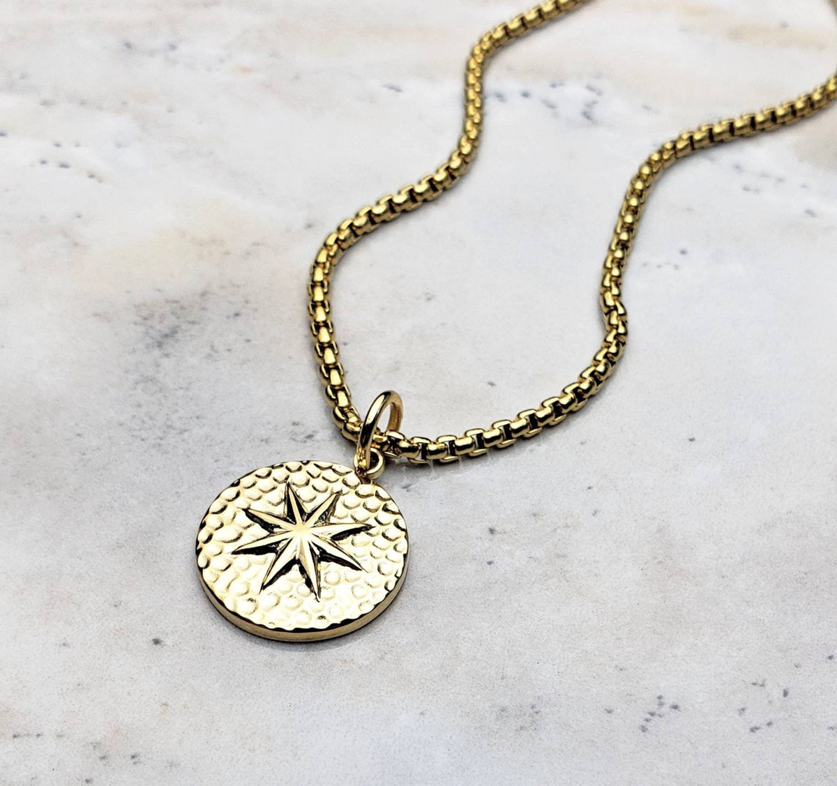 Men's "NORTH STAR COIN" Necklace| Men's Hammered Gold Stainless Steel Northstar Coin Pendant Necklace| Men's Gold Box Chain Necklace