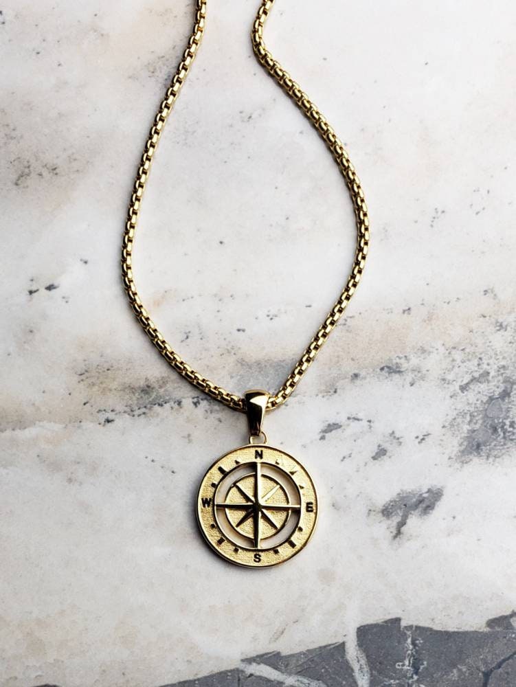 Men's "GOLD COMPASS MEDALLION" Necklace| Men's Gold Stainless Steel Compass Pendant Necklace| Men's Gold Stainless Steel Box Chain Necklace