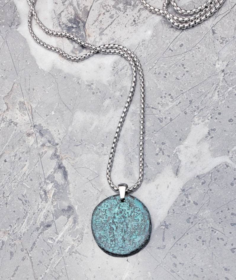 Men's "MYKONOS ALEXANDER COIN" Necklace| Men's Turquoise Mykonos Ceramic Raku Alexander Greek Coin Pendant Necklace| Mens Box Chain Necklace