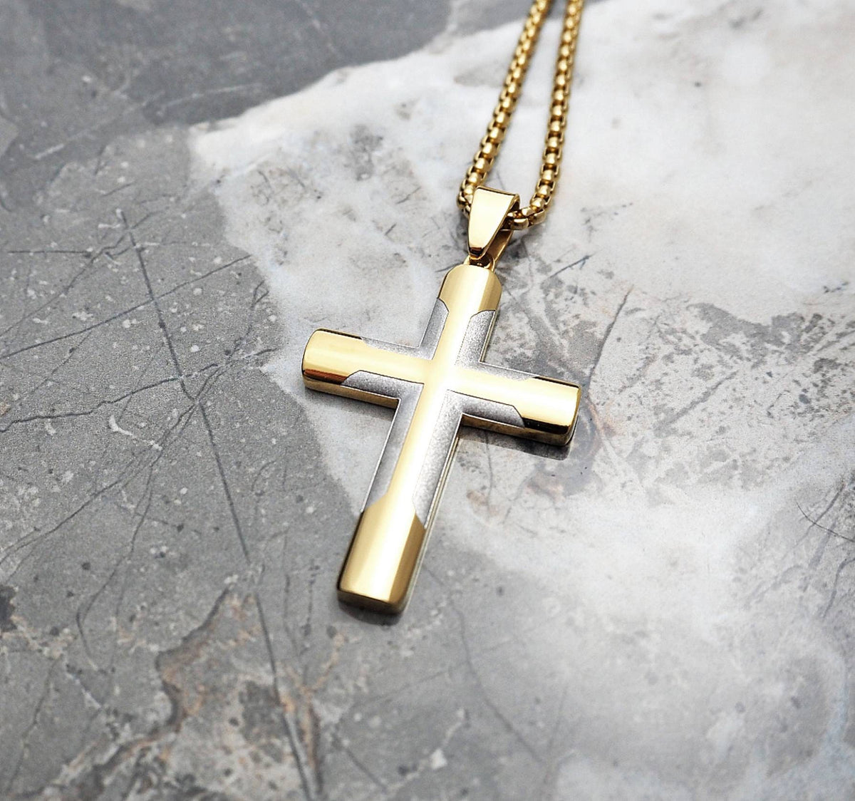 Men's "PLATINUM GOLD CROSS" Necklace| Men's Platinum Silver & Gold Stainless Steel Cross Pendant Necklace| Men's Platinum Box Chain Necklace