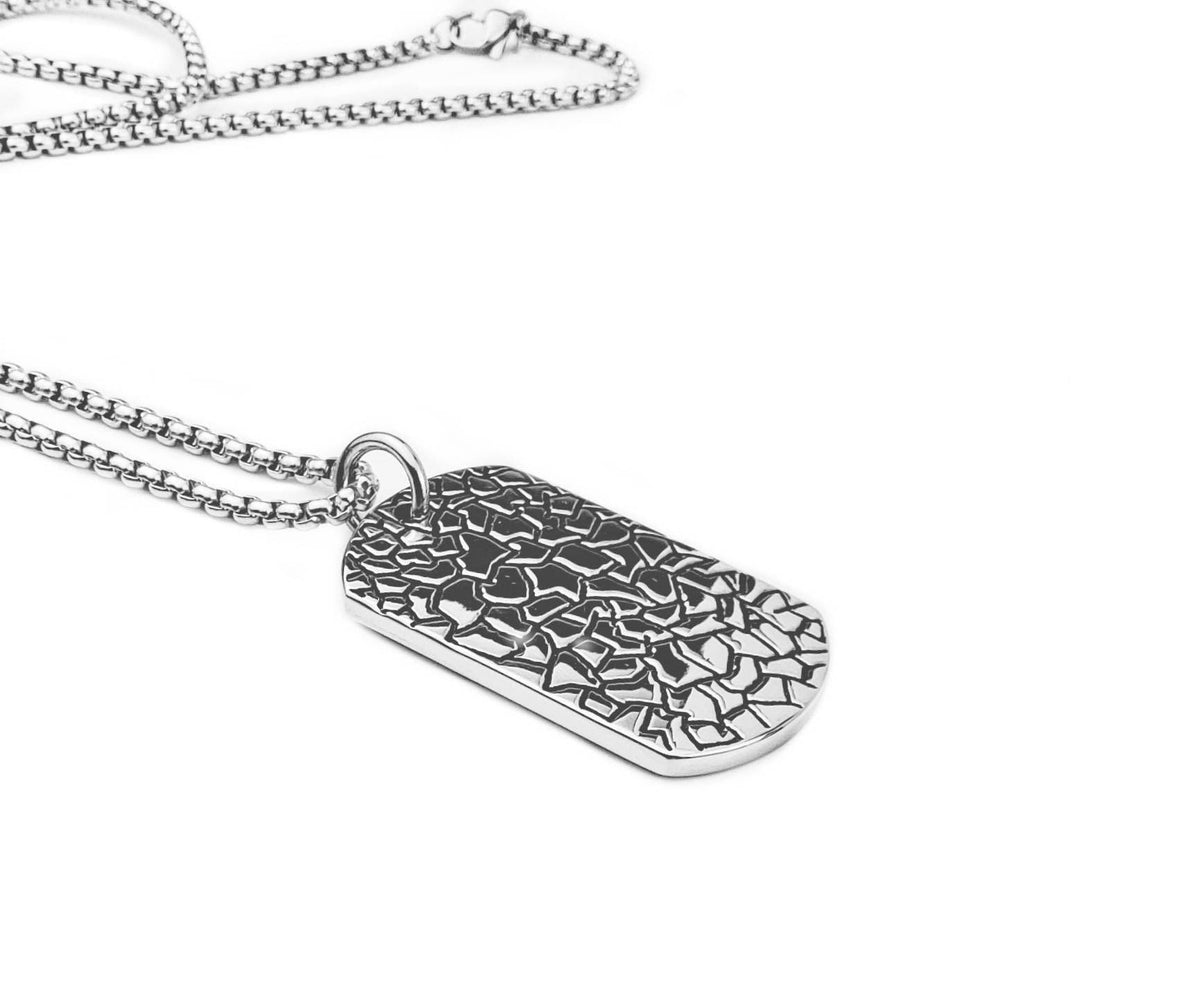 Men's "ROCK DOG TAG" Necklace| Men's Silver & Black Stainless Steel Rock Engraved Dog Tag Pendant Necklace| Men's Box Chain Necklace