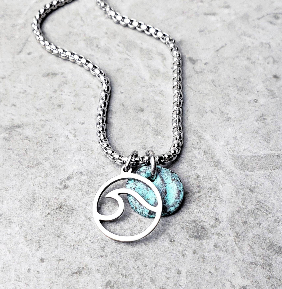 Men's "MYKONOS WAVE COIN" Necklace| Men's Turquoise Mykonos Ceramic Raku Coin & Silver Stainless Steel Wave Coin Pendant Necklace