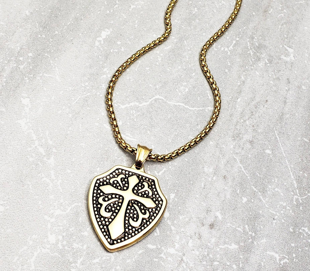 Men's "SHIELD OF STRENGTH" Necklace| Men's Gold Stainless Steel Cross Shield Pendant Necklace| Men's Gold Stainless Steel Box Chain Necklace