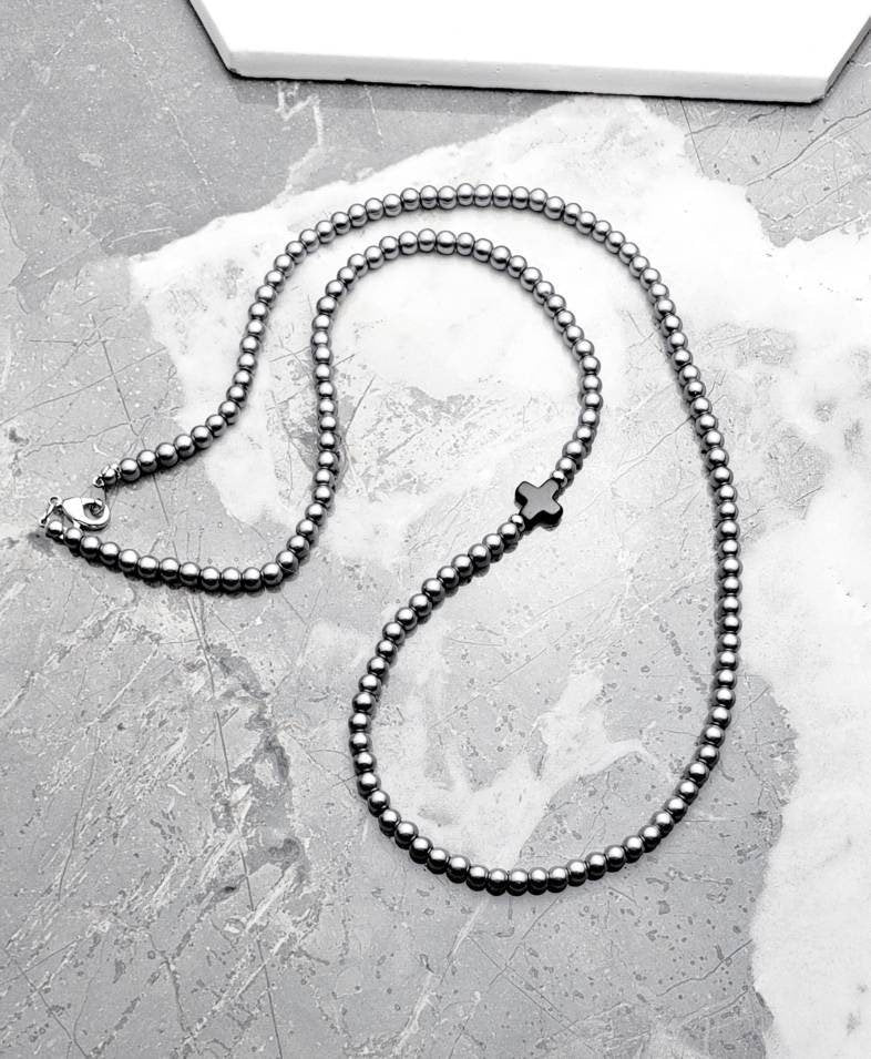 Men's "PEARL ONYX CROSS" Necklace| Men's Silver Pearl Black Onyx Stone Crosses Beaded Necklace| Men's Black Onyx Gemstone Cross Necklace