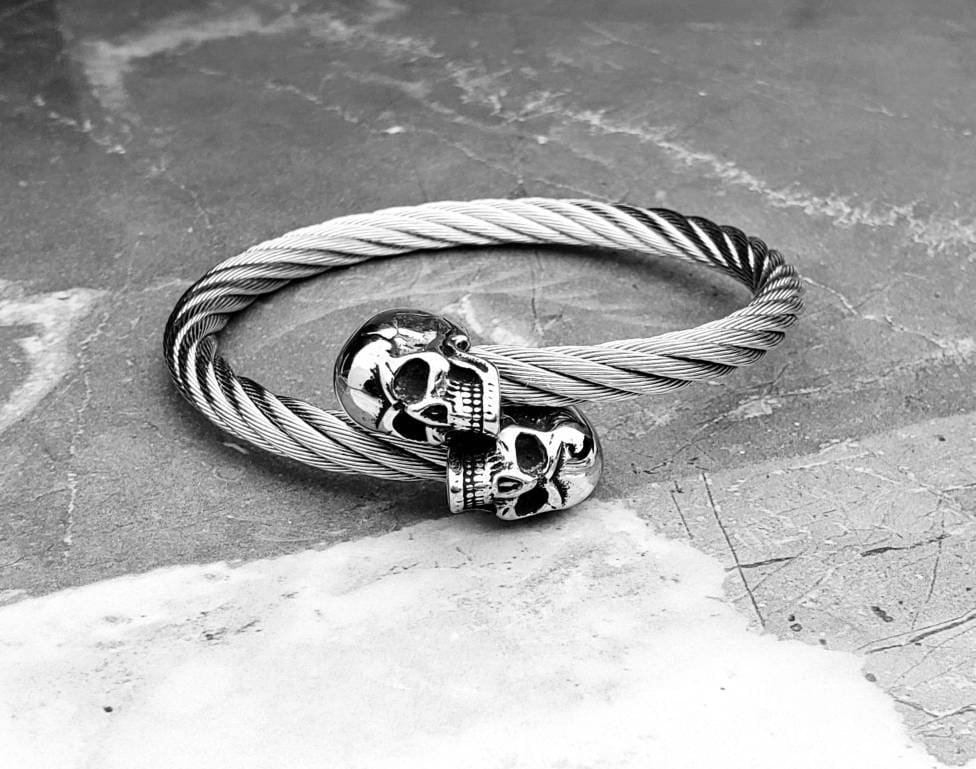 Men's "SKULLS WIRE CUFF" Bracelet| Men's Silver Stainless Steel Skulls Wire Wrap Cuff Bracelet| Men's Stainless Steel Cuff Bracelet