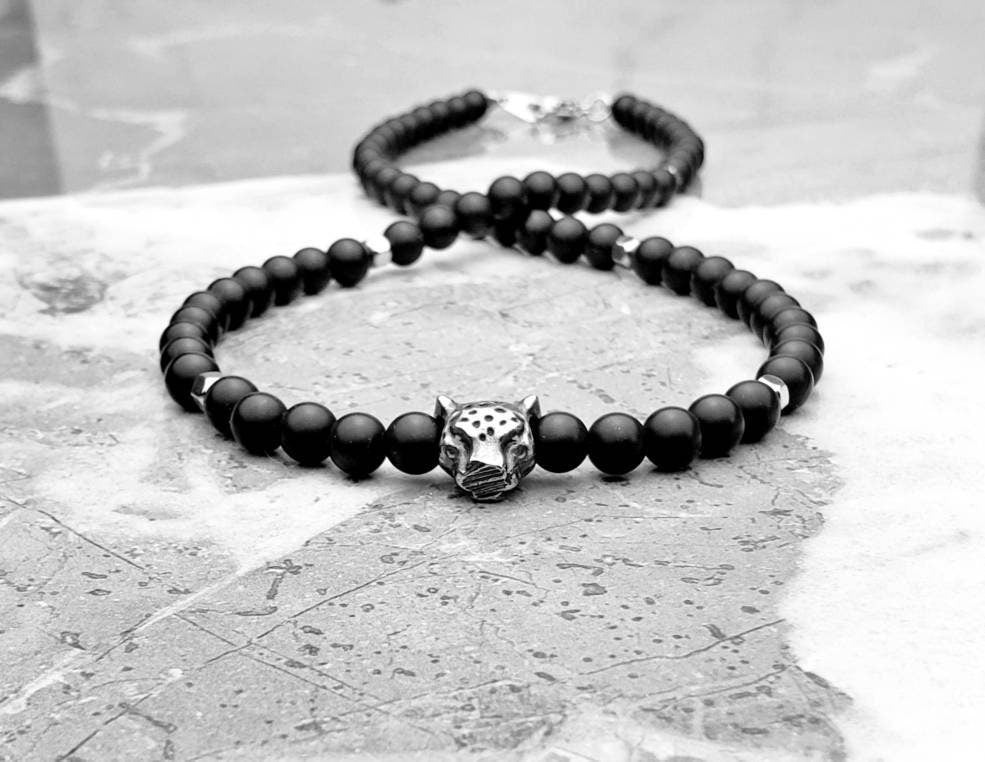 Men's "TIGER STONE" Necklace| Men's Oxidized Stainless Steel Leopard Tiger Matte Black Onyx Gemstone Necklace| Men's Onyx Beaded Necklace