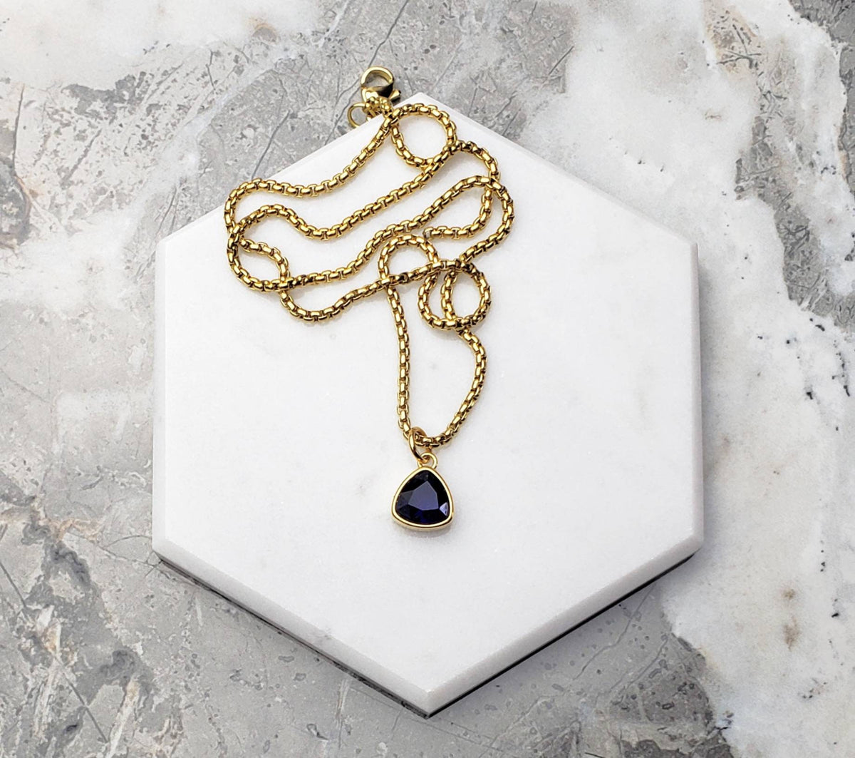 Men's "GOLD MINI SAPPHIRE" Necklace| Men's Gold Stainless Steel Mini Sapphire Pendant Necklace| Mens September Birthstone Sapphire Necklace