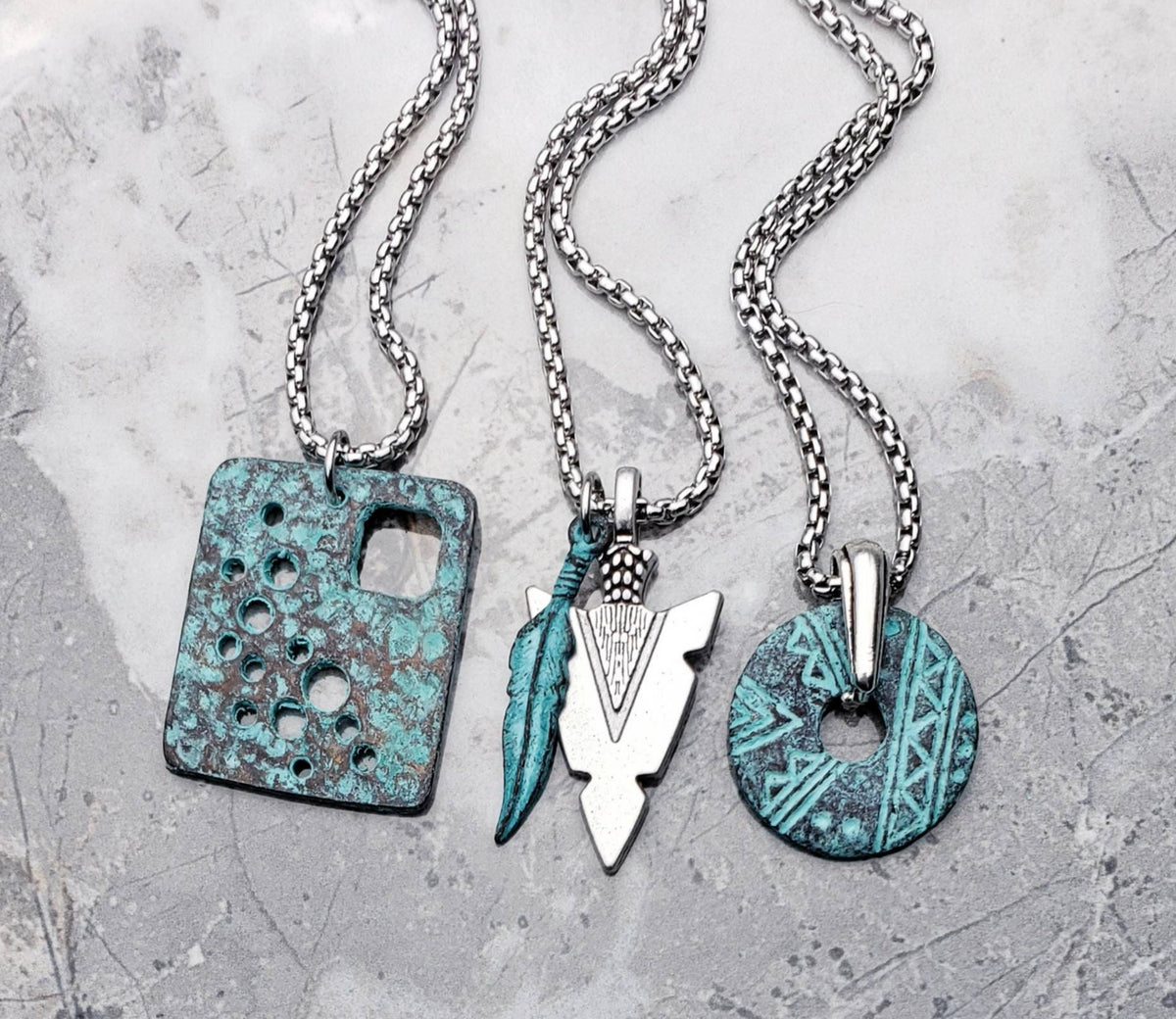Men's "TRIBAL FEATHERED ARROWHEAD" Necklace| Men's Silver Rustic Tribal Arrowhead & Turquoise Patina Tribal Feather Pendant Necklace