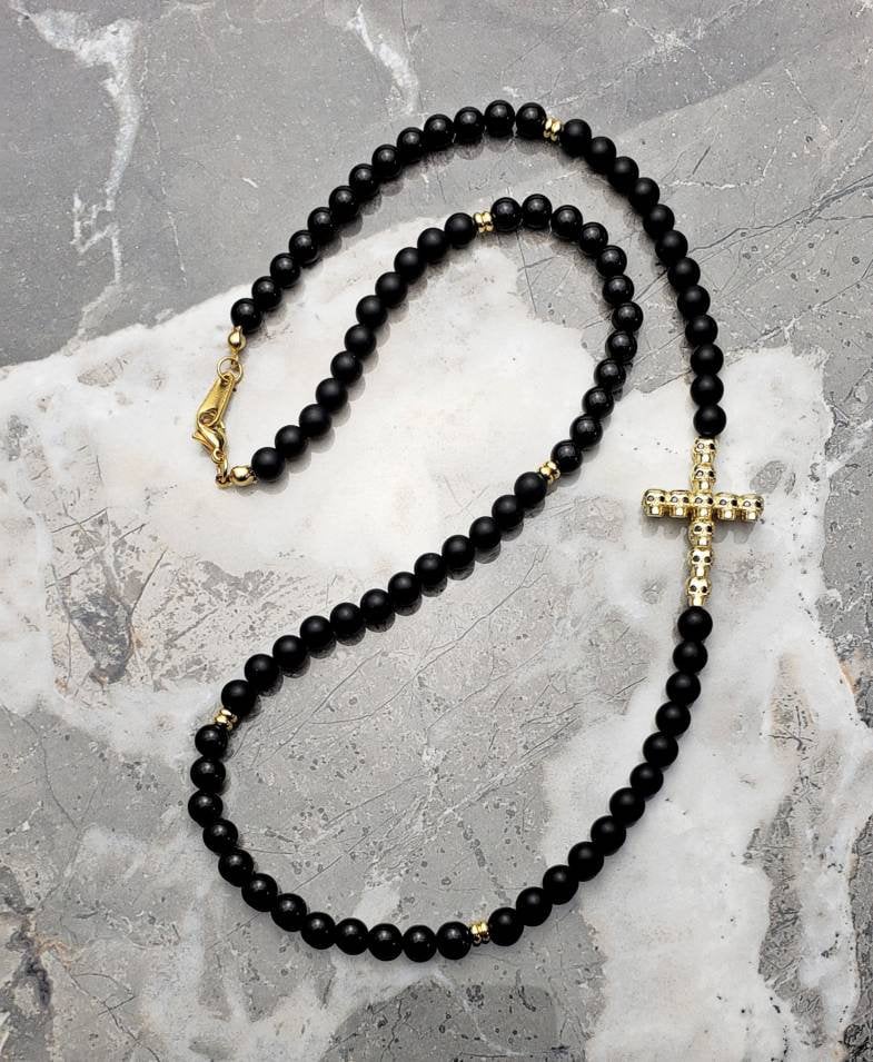 Men's "GOLD SKULL CROSS" Necklace| Men's Gold Stainless Steel Skull Cross Bead Necklace| Men's Black Onyx Gold Hematite Skull Cross Necklace