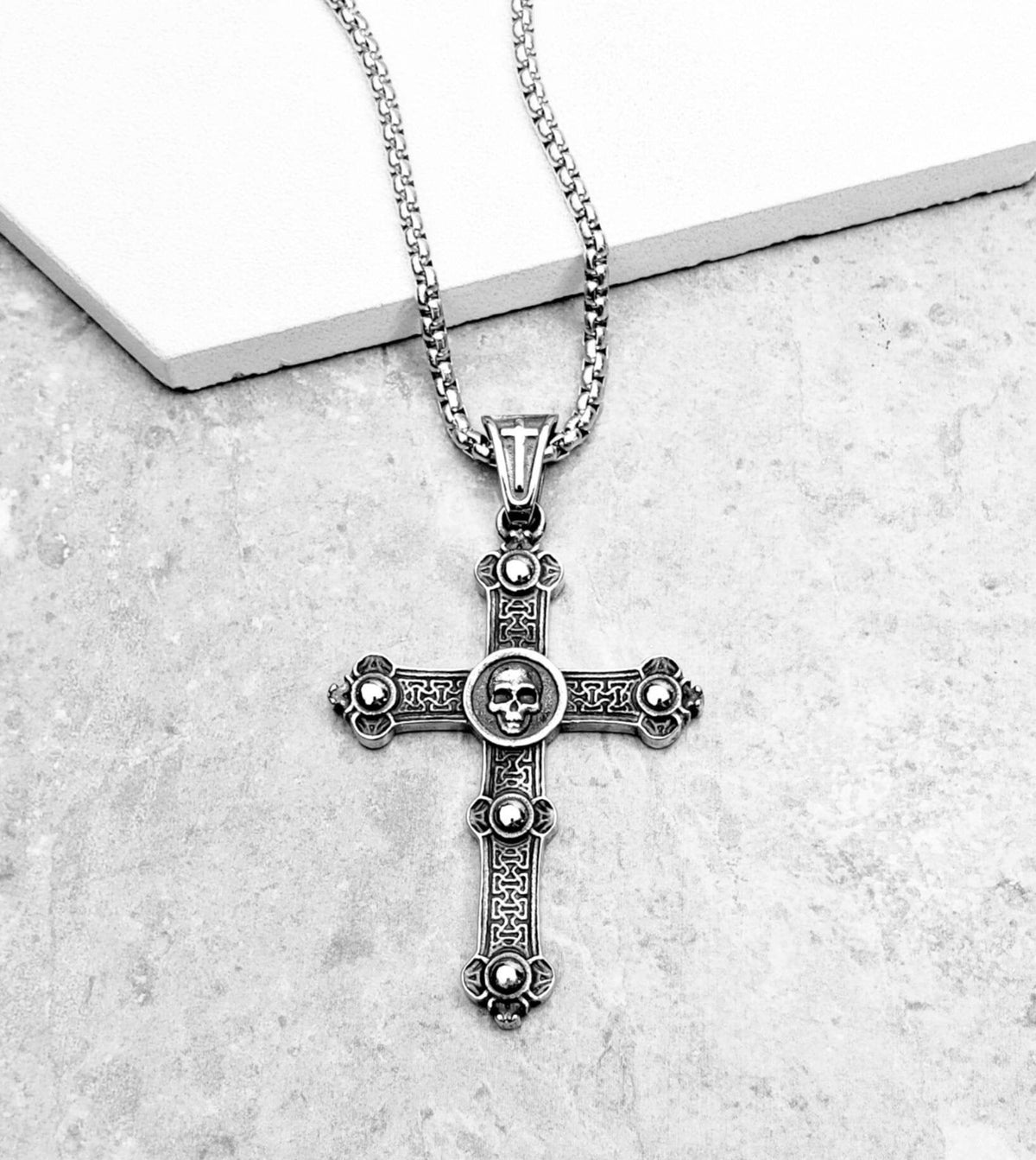 Men's "STEEL SKULL CROSS" Necklace| Men's Silver Stainless Steel Skull Cross Pendant Necklace| Men's Stainless Steel Box Chain Necklace