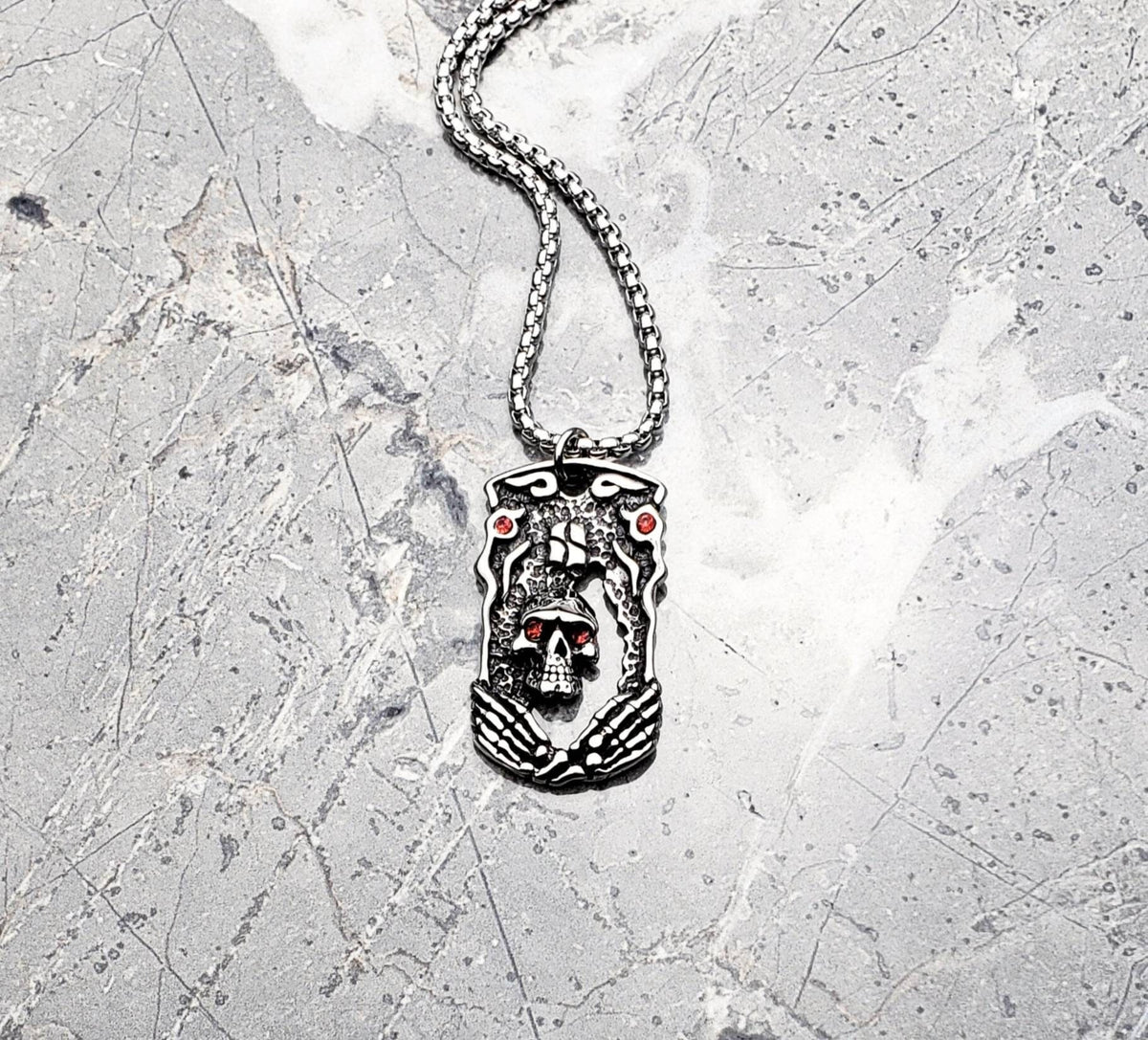 Men's "GARNET SKULL TAG" Necklace| Men's Pavé Garnet Cubic Zirconia Silver Stainless Steel Skull Dog Tag Pendant Necklace| Men's Box Chain
