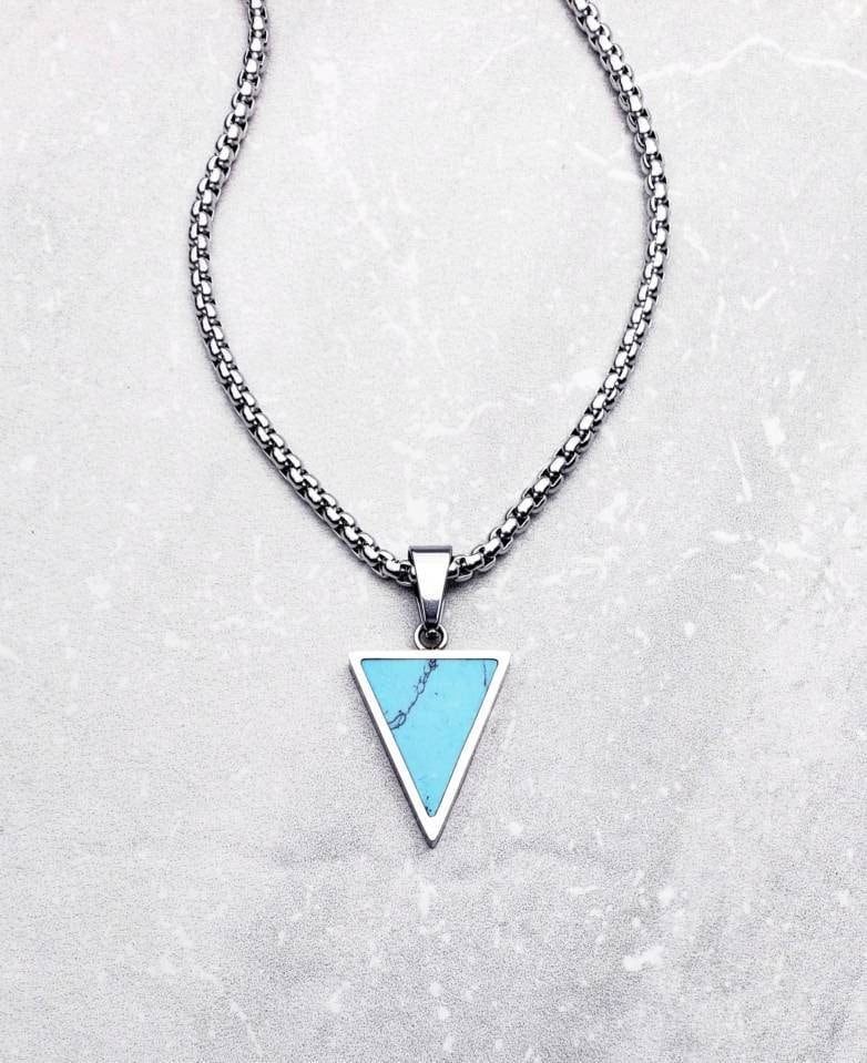 Men's "TURQUOISE GEO TRIANGLE" Necklace| Men's Silver Stainless Steel Turquoise Stone Geo Triangle Pendant Necklace| Men's Chain Necklace