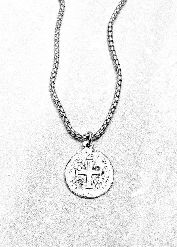 Men's "SHIPWRECK ATOCHA COIN" Necklace| Men's Silver Pewter Shipwreck Atocha Replica Coin Pendant Necklace| Men's Silver Chain Necklace