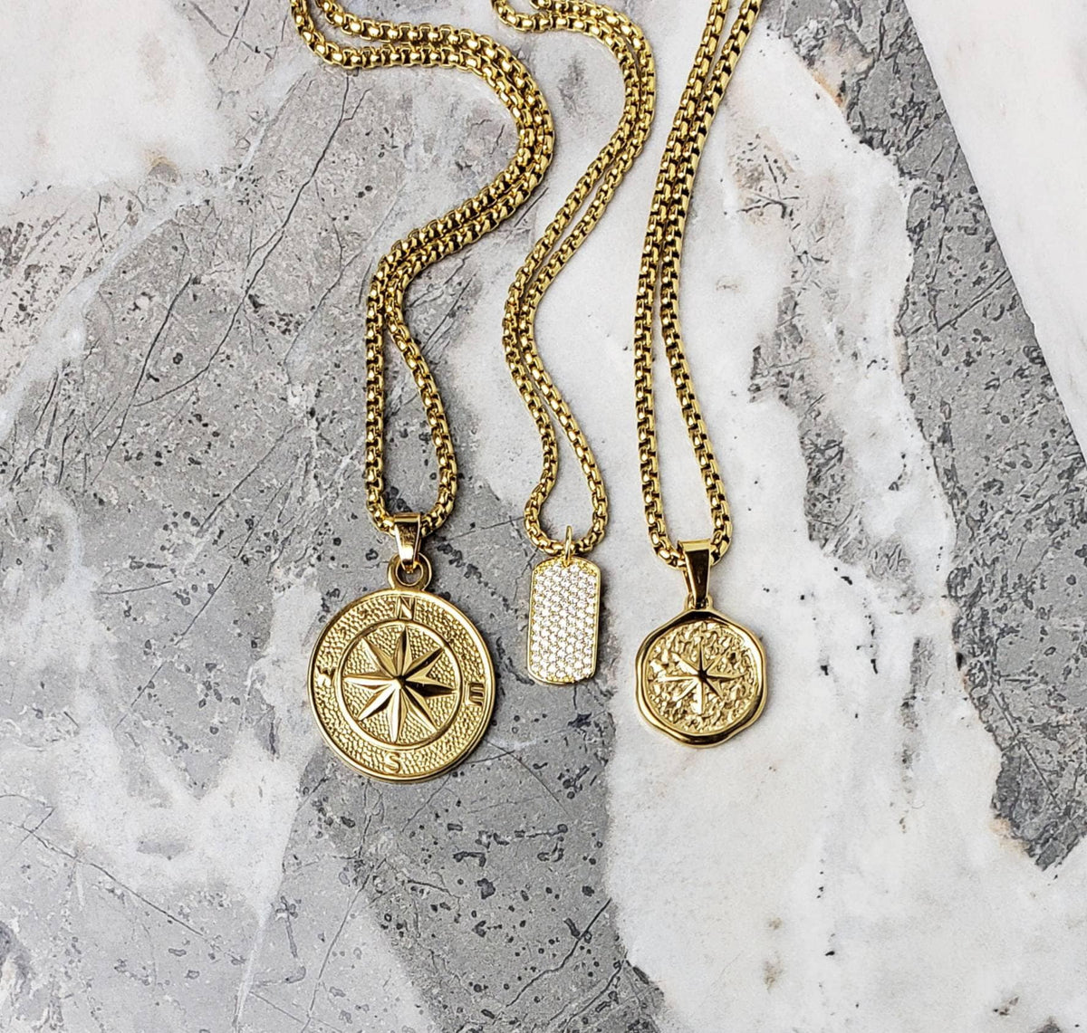 Men's "NORTH STAR COIN" Necklace| Men's Hammered Gold Stainless Steel Northstar Coin Pendant Necklace| Men's Gold Box Chain Necklace