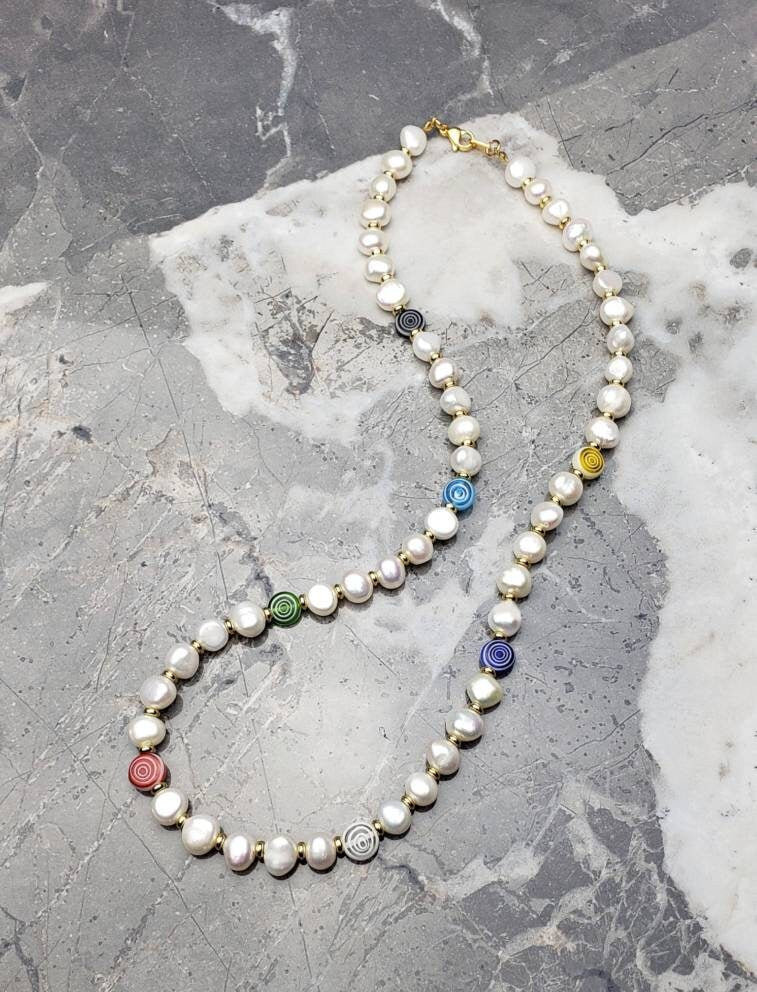 Men Freshwater Pearls Multicolor Millefiori Evil Eye Swirl Coins Gold Miyuki Delicas Beaded Necklace