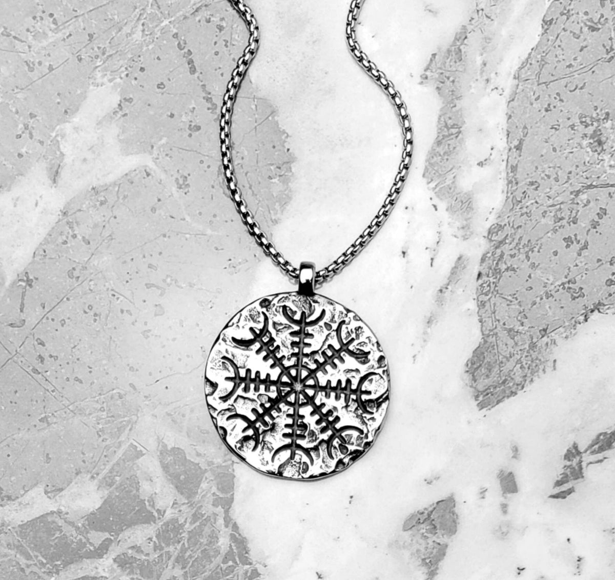 Men's "RUSTIC VEGVISIR COMPASS" Necklace| Men's Hammered Silver Stainless Steel Viking Vegvisir Compass Pendant Necklace| Men Chain Necklace