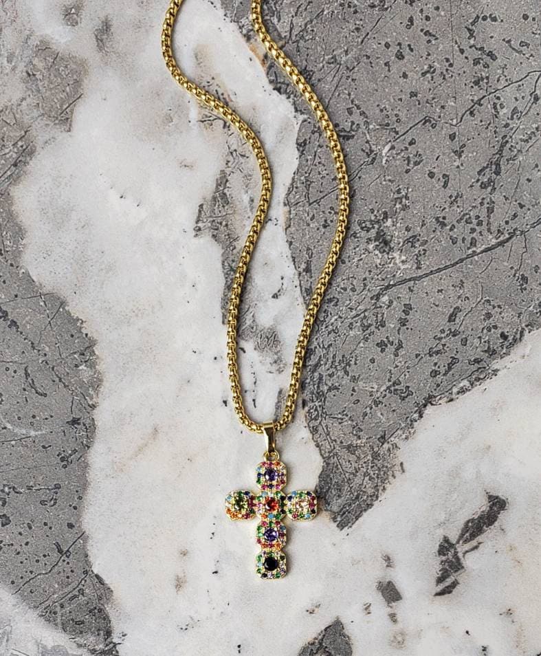 Men's "PAVÉ GOLD CROSS" Necklace| Men's Pavé Multicolor Cubic Zirconia Gold Stainless Steel Cross Pendant Necklace| Mens Gold Chain Necklace