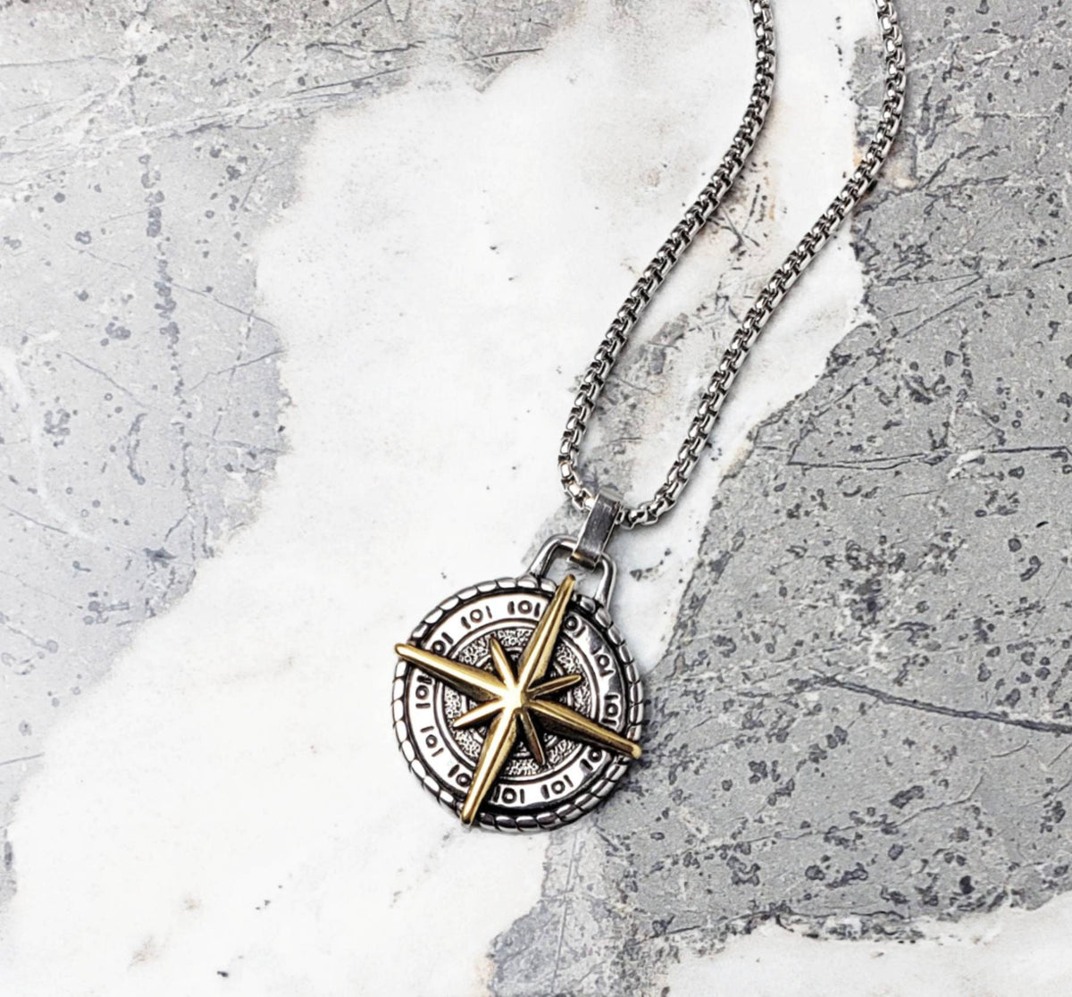Men's "MARITIME COMPASS MEDALLION" Necklace| Men's Silver & Gold Stainless Steel Maritime Compass Pendant Necklace| Men's Box Chain Necklace