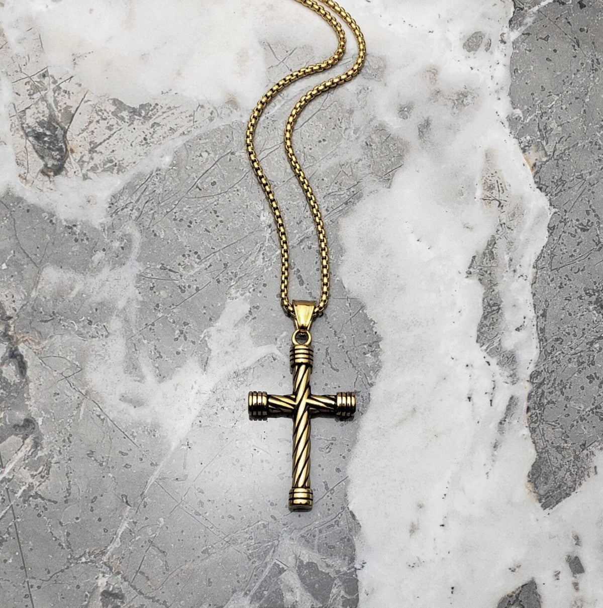 Men's "GOLD TWISTED CROSS" Necklace| Men's Gold Stainless Steel Twisted Cross Pendant Necklace| Mens Gold Stainless Steel Box Chain Necklace