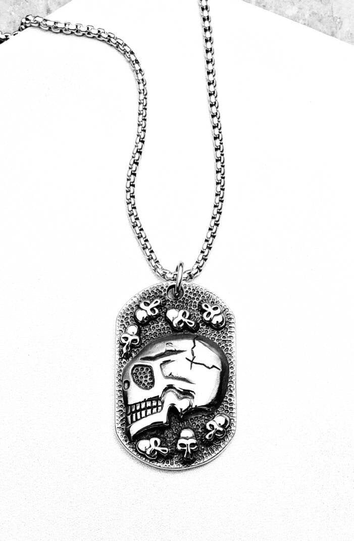 Men's "SKULL DOG TAG" Necklace| Men's Silver Black Stainless Steel Skull Dog Tag Pendant Necklace| Mens Stainless Steel Box Chain Necklace