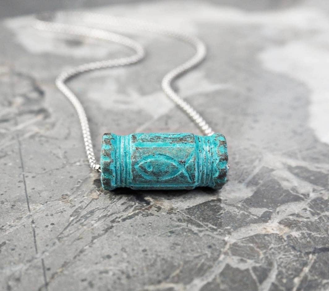 Men's "MYKONOS ICHTHYS" Necklace| Men's Turquoise Mykonos Ceramic Raku Ichthys Pendant Necklace| Men's Stainless Steel Chain Necklace
