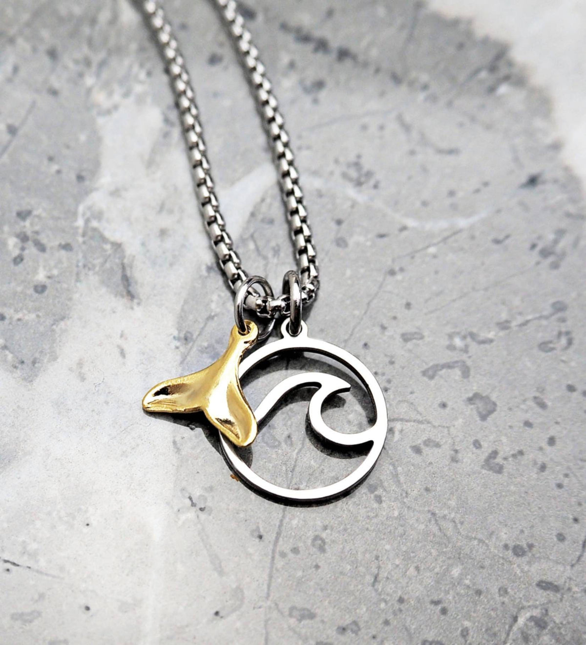 Men's "MINI WAVE COIN" Necklace| Men's Silver Stainless Steel Mini Wave & Mini Gold Stainless Steel Whale Tail Layered Pendants Necklace