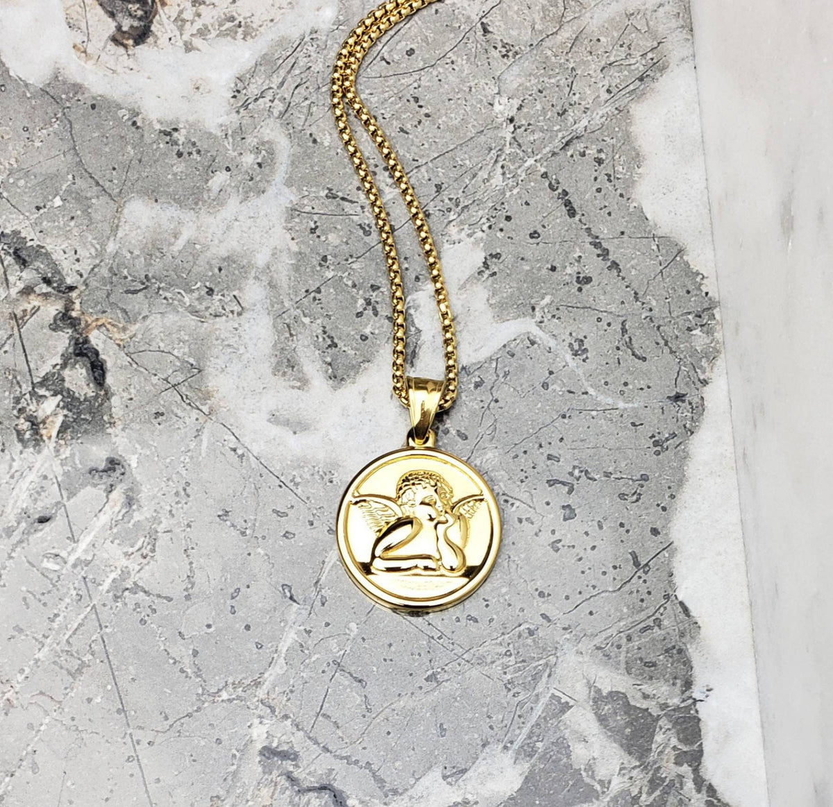 Men's "GOLD ANGEL AMULET" Necklace| Men's Gold Stainless Steel Angel Coin Amulet Pendant Necklace| Men's Gold Box Chain Necklace