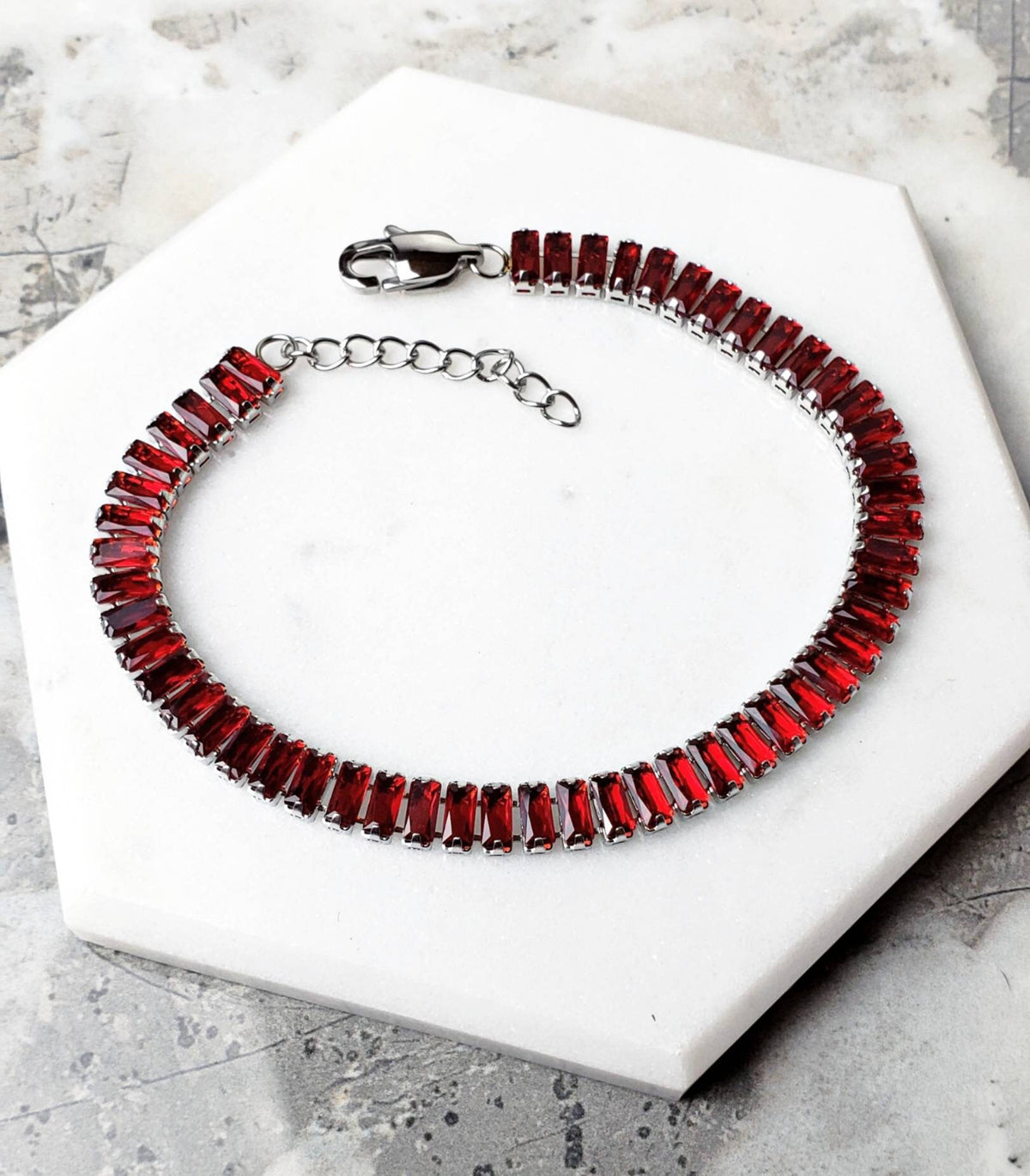 Men's "GARNET BAGUETTE TENNIS" Bracelet| Men's Garnet Cubic Zirconia Silver Stainless Steel Baguette Tennis Bracelet| Men January Birthstone