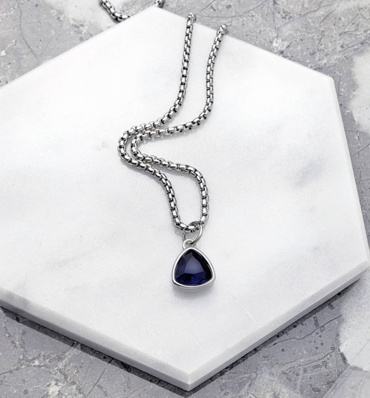 Men's "SILVER MINI SAPPHIRE" Necklace| Men's Silver Stainless Steel Mini Sapphire Pendant Necklace| Mens September Birthstone Necklace
