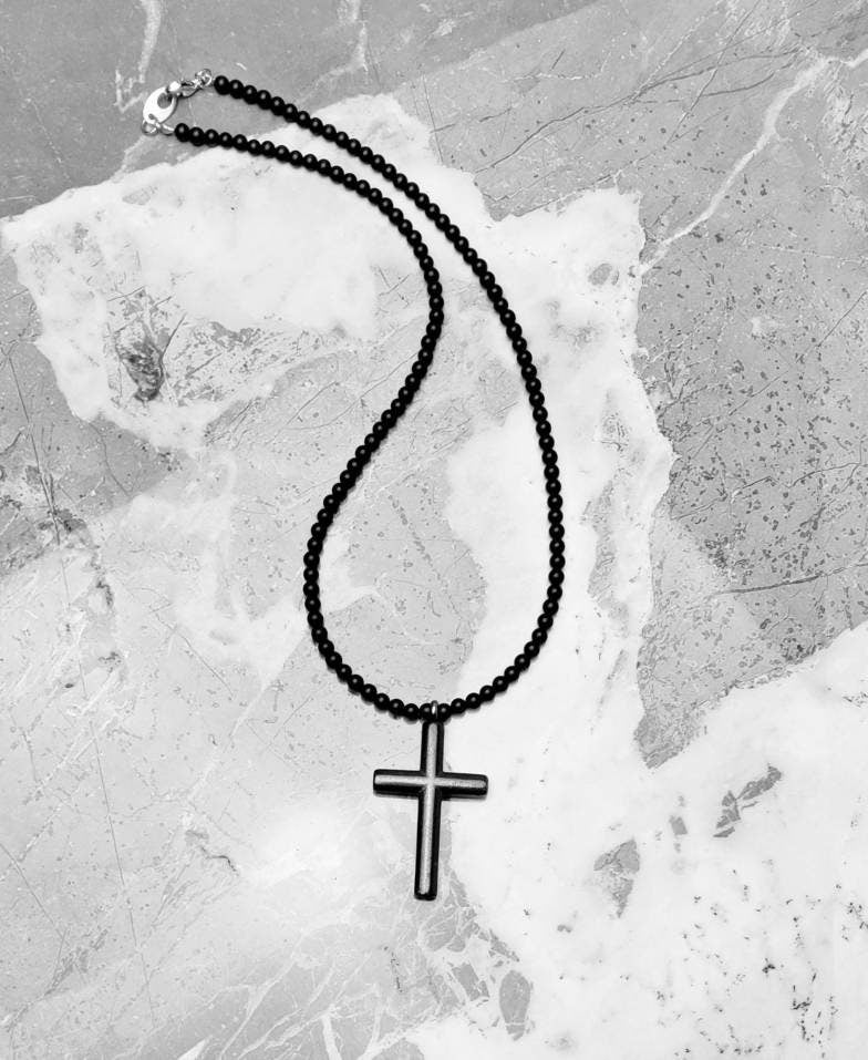 Men's "RUSTIC CROSS & STONE" Necklace| Men's Oxidized Silver Stainless Steel Cross Beaded Necklace| Men's Black Onyx Gemstone Necklace