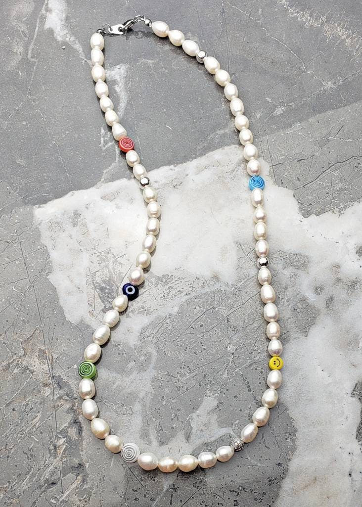 Men Freshwater Rice Pearls Multicolor Evil Eye Millefiori Beaded Necklace