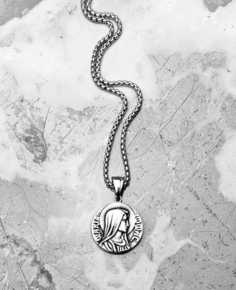 Men's "SAVIOR COIN" Necklace| Men's Silver Stainless Steel Savior Jesus Christ Coin Pendant Necklace| Men's Silver Box Chain Necklace