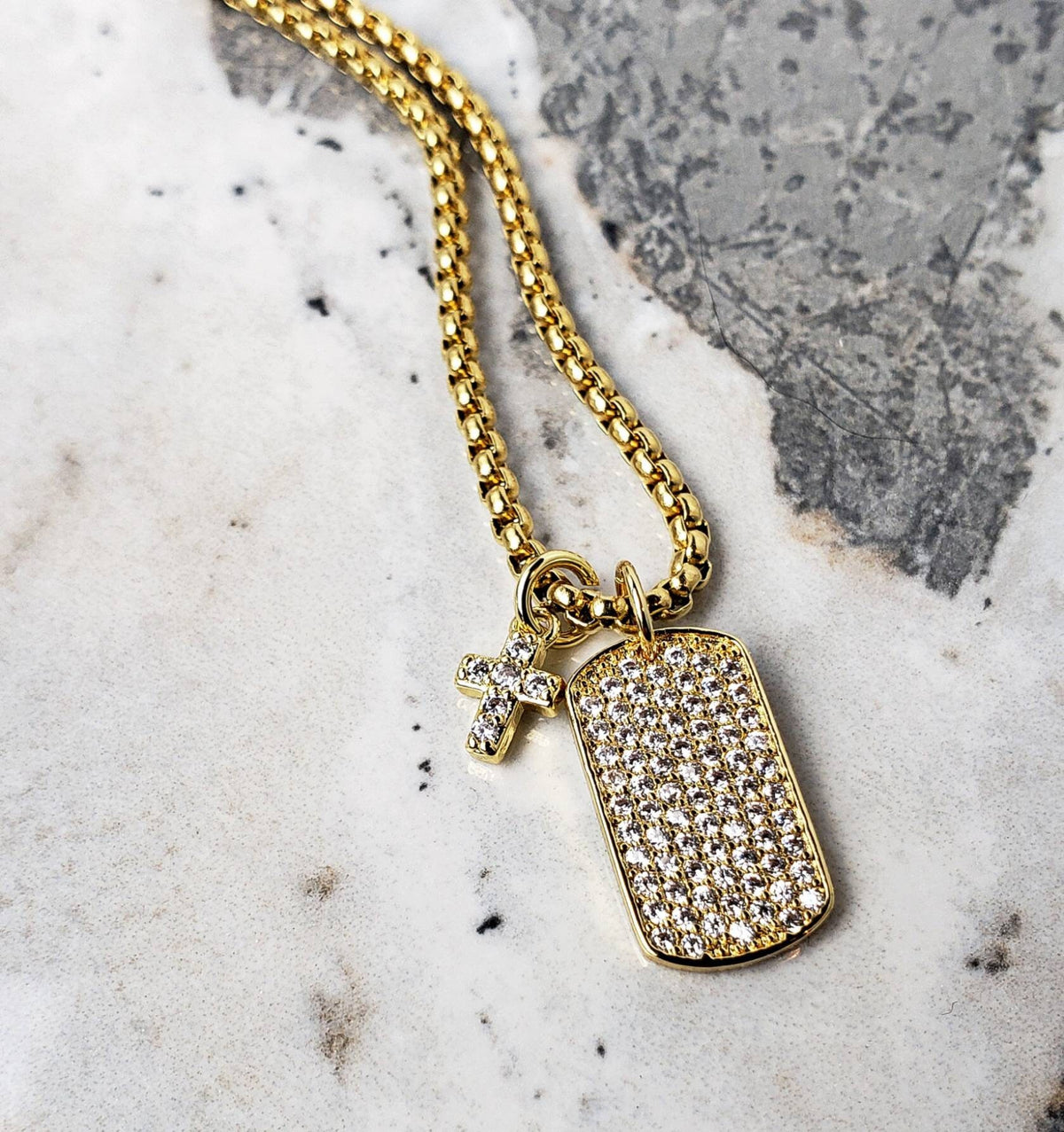 Men's "PAVÉ CROSS & TAG" Necklace| Men's Pavé Cubic Zirconia Gold Stainless Steel Mini Cross Dog Tag Pendant Necklace| Men's Gold Necklace