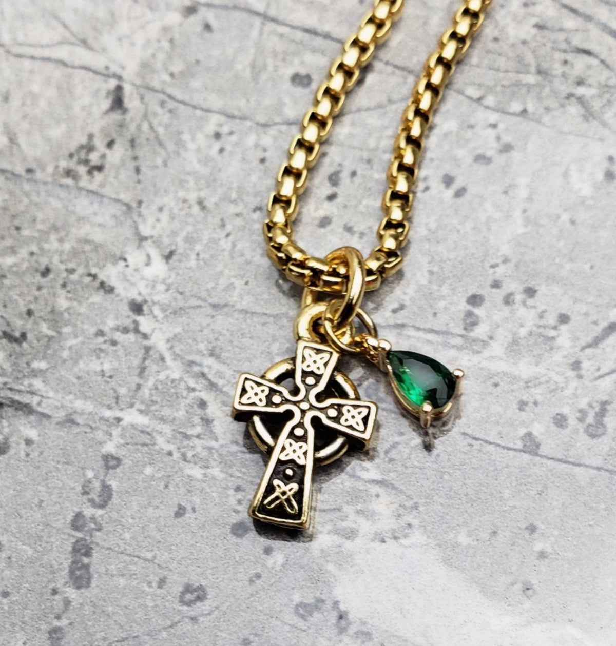 Men's "EMERALD CELTIC CROSS" Necklace| Men's Gold Stainless Steel Mini Celtic Knot Cross Emerald Teardrop Pendant Necklace| Men's Gold Chain