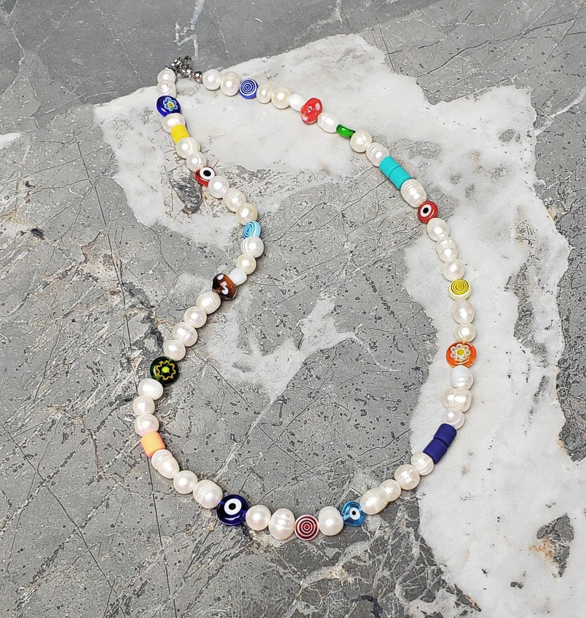Men's "MILLEFIORI & BAROQUE PEARLS" Necklace| Men's Multicolored Millefiori Mushroom Evil Eye Heart Freshwater Pearls Bead Necklace