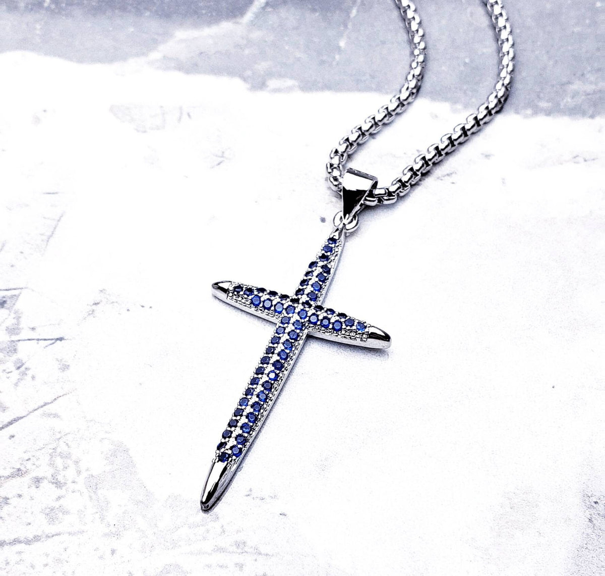 Men's "PAVÉ SAPPHIRE CROSS" Necklace| Men's Pavé Sapphire Cubic Zirconia Silver Stainless Steel Cross Pendant Necklace| Mens Silver Necklace