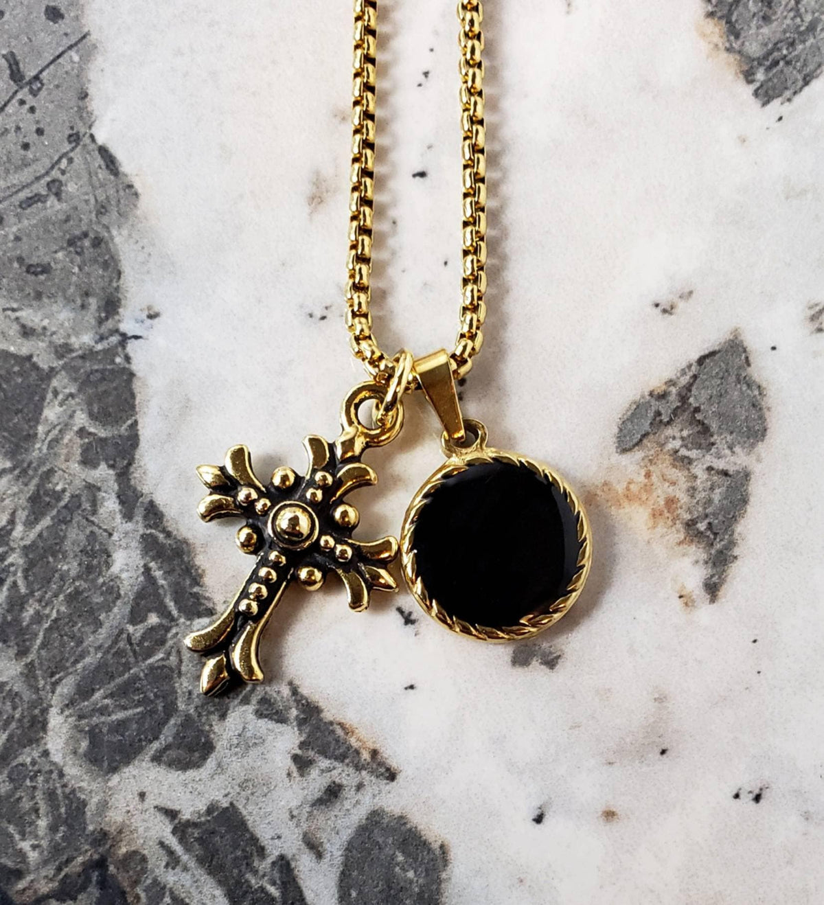 Men's "GOLD CROSS & COIN" Necklace| Men's Gold Black Stainless Steel Cross Gold Onyx Coin Pendant Necklace| Mens Gold Box Chain Necklace