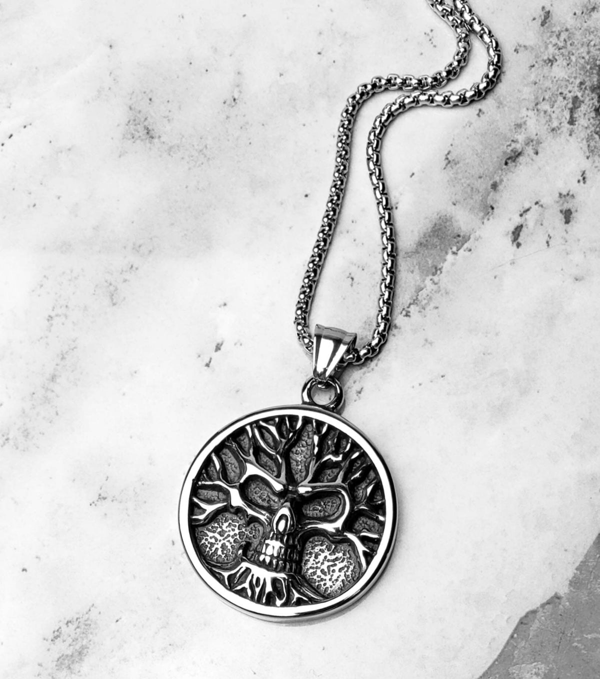 Men's "SKULL TREE of LIFE" Necklace| Men's Silver Stainless Steel Skull Tree of Life Medallion Pendant Necklace| Men's Box Chain Necklace