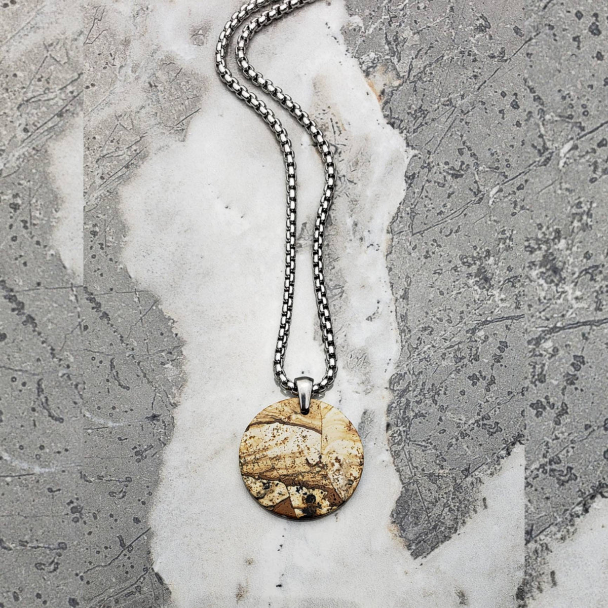 Men's "PICTURE JASPER COIN" Pendant Necklace| Men's Picture Jasper Gemstone Coin Pendant Necklace| Men's Silver Box Chain Necklace