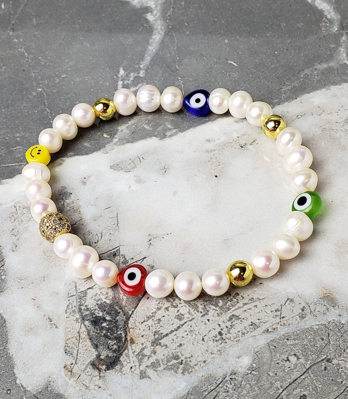 Men Freshwater Pearls Evil Eye Millefiori Beaded Bracelet