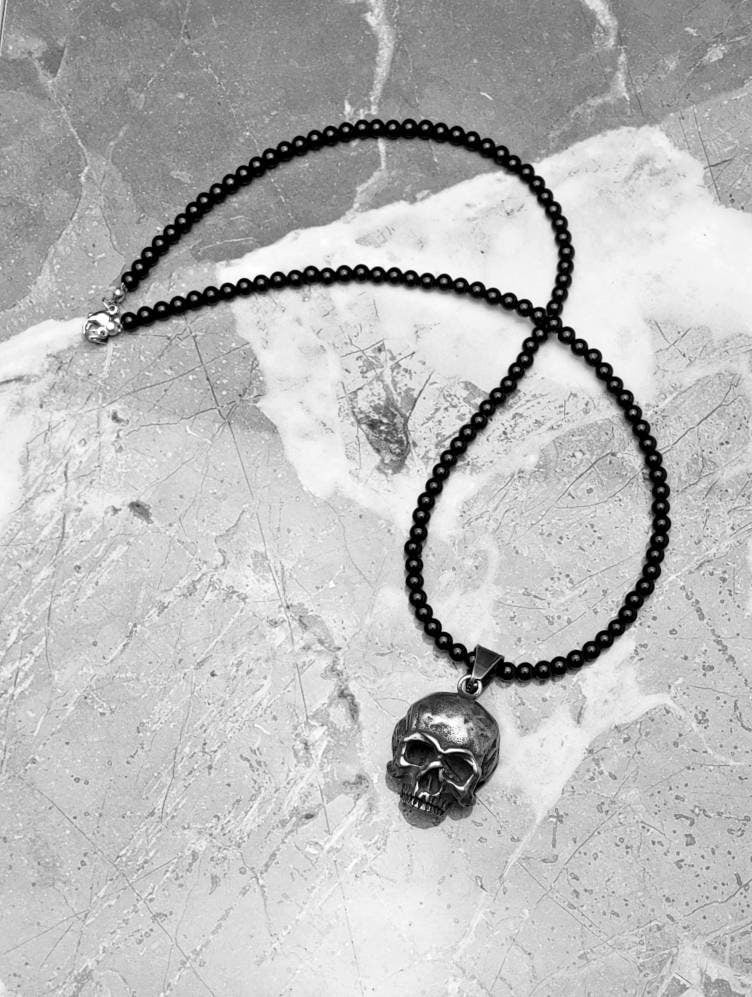 Men's "HALF SKULL & ONYX" Necklace|Men's Oxidized Silver Stainless Steel Half Skull Pendant Black Onyx Gemstone Necklace| Men Skull Necklace