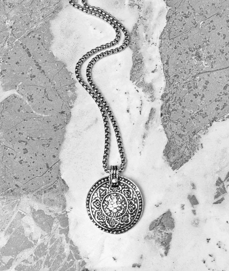 Men's "8 FOLD PATH MEDALLION" Necklace| Men's Oxidized Silver Pewter Noble Eightfold Path Medallion Necklace| Men's Box Chain Necklace