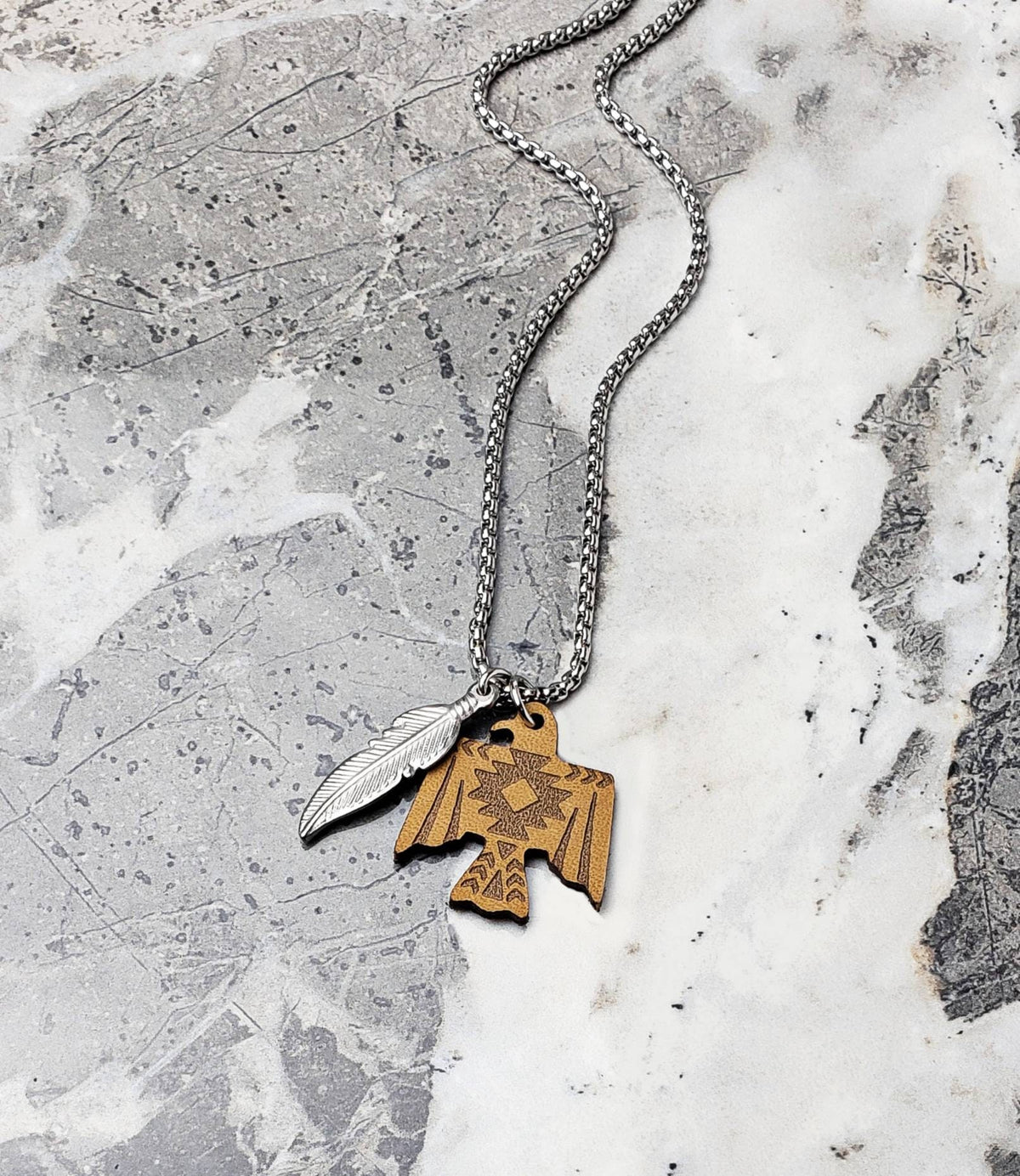 Men's "TRIBAL THUNDERBIRD" Necklace|Men's Leather Thunderbird Silver Stainless Steel Tribal Feather Pendant Necklace| Men Box Chain Necklace